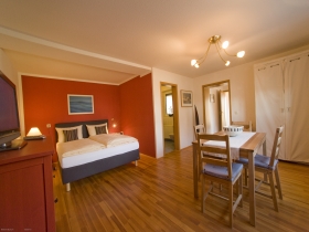 Wohnzimmer mit Schlafbereich (Hotelklasse-Boxspringbett 1,80 x 2 m), Essgruppe, LCD-TV (SAT)