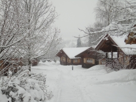 Die Häuser am Waldrand im Winter